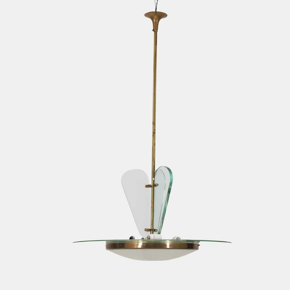 Gio Ponti (Italian, 1891-1979) for Fontana Arte, a suspension light,: Gio Ponti (Italian, 1891-1979) for Fontana Arte, a suspension light, circa 1950s-60s, brass, painted aluminium, opal diffuser glass and cut crystal (60cm diameter, 90cm high) Provenance: The Richard C