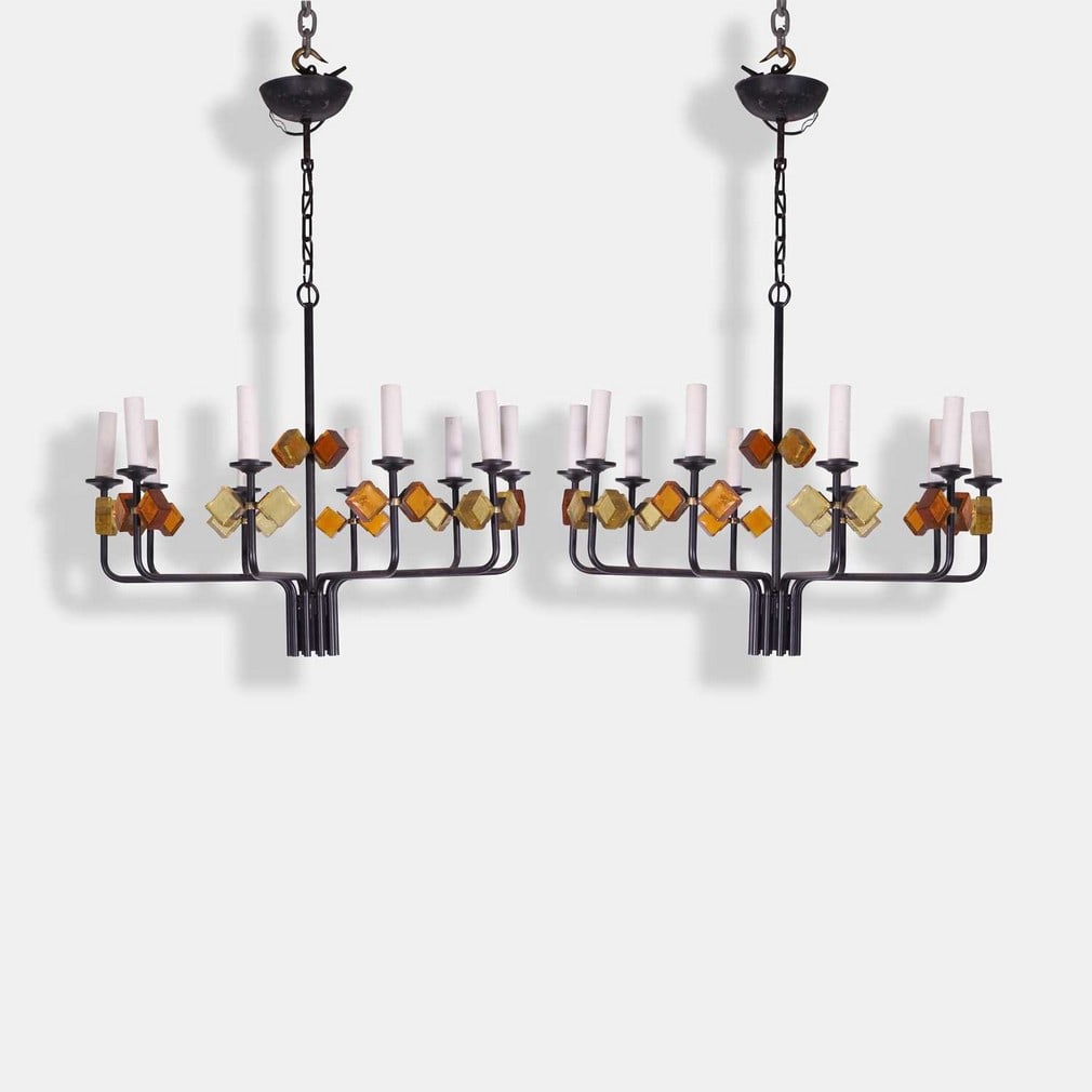 Svend Aage Holm Sørensen (Danish, 1913-2004), a pair of chandeliers,: Svend Aage Holm Sørensen (Danish, 1913-2004), a pair of chandeliers, circa 1950s, iron and coloured glass, each of ten-arm construction with a central stem (55cm diameter, 80cm high) (2)