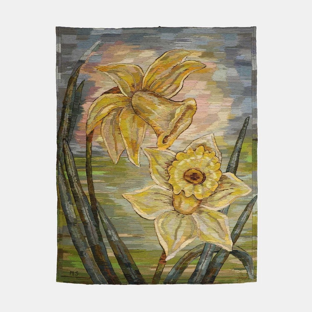 ▲ Miriam Sacks (South African-British, 1922-2004), 'Two Daffodils in a Dawn Light',: ▲ Miriam Sacks (South African-British, 1922-2004), 'Two Daffodils in a Dawn Light', 1981, a hand-sewn wool tapestry (94 x 74cm)
