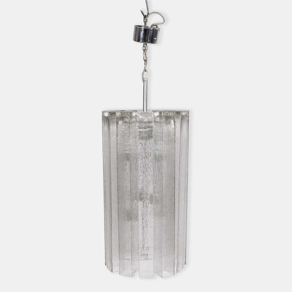1970s, a ceiling light,: 1970s, a ceiling light, the twelve frosted-glass cuboid-form shades over a chrome frame (34cm diameter, 65cm high to fitting, 95cm high overall) Condition Report: One of the glass shades with a crack
