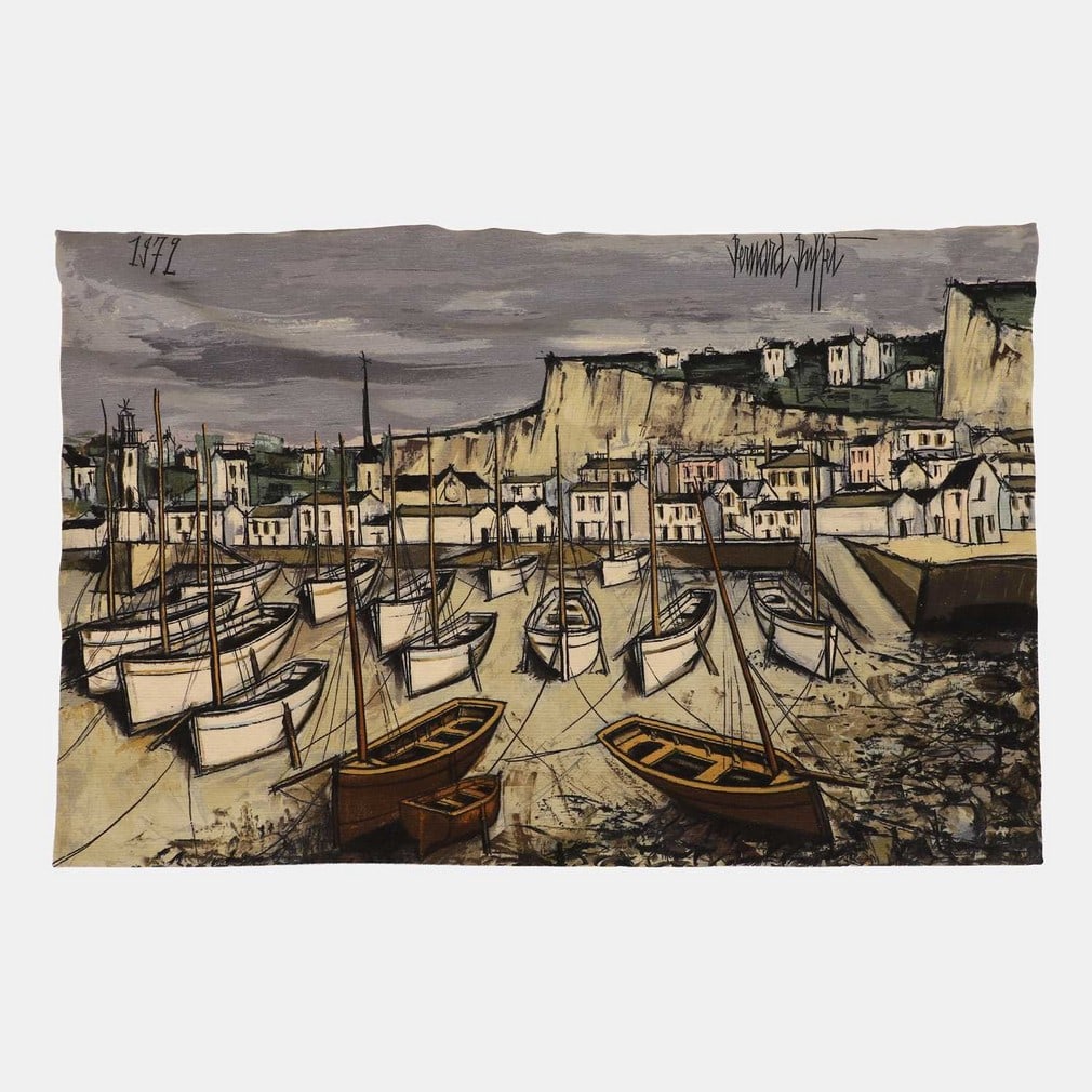 ▲ After Bernard Buffet, ‘Tréboul, le port à marée basse’,: ▲ After Bernard Buffet, ‘Tréboul, le port à marée basse’, 1979, print in colours on wool fabric, by Corot, signed and numbered 6/200 (90 x 143cm) Condition Report: