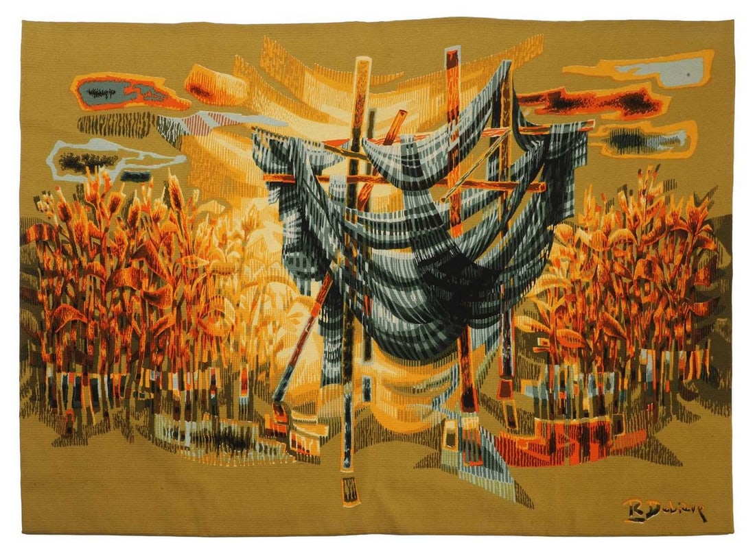 ▲ Robert Debiève (French, 1926-1994), 'Le Filet aux Roseaux',: ▲ Robert Debiève (French, 1926-1994), 'Le Filet aux Roseaux', 1976, issued by Jean Laurent Editeur d'Art, hand-printed tapestry on woven fabric, signed and numbered '064/500' (107 x 154cm)