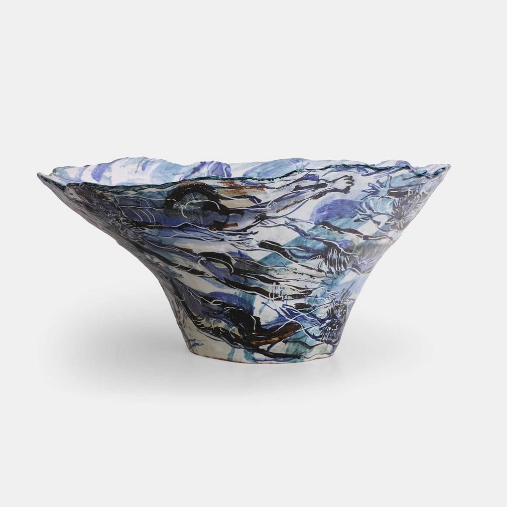 ▲ Jitka Palmer (Czech, b.1959), a large bowl,: ▲ Jitka Palmer (Czech, b.1959), a large bowl, 1990, porcelain, freely painted figures in tones of blue and white with slips, oxides and stains, and decorated with sgraffito, signed and dated (52