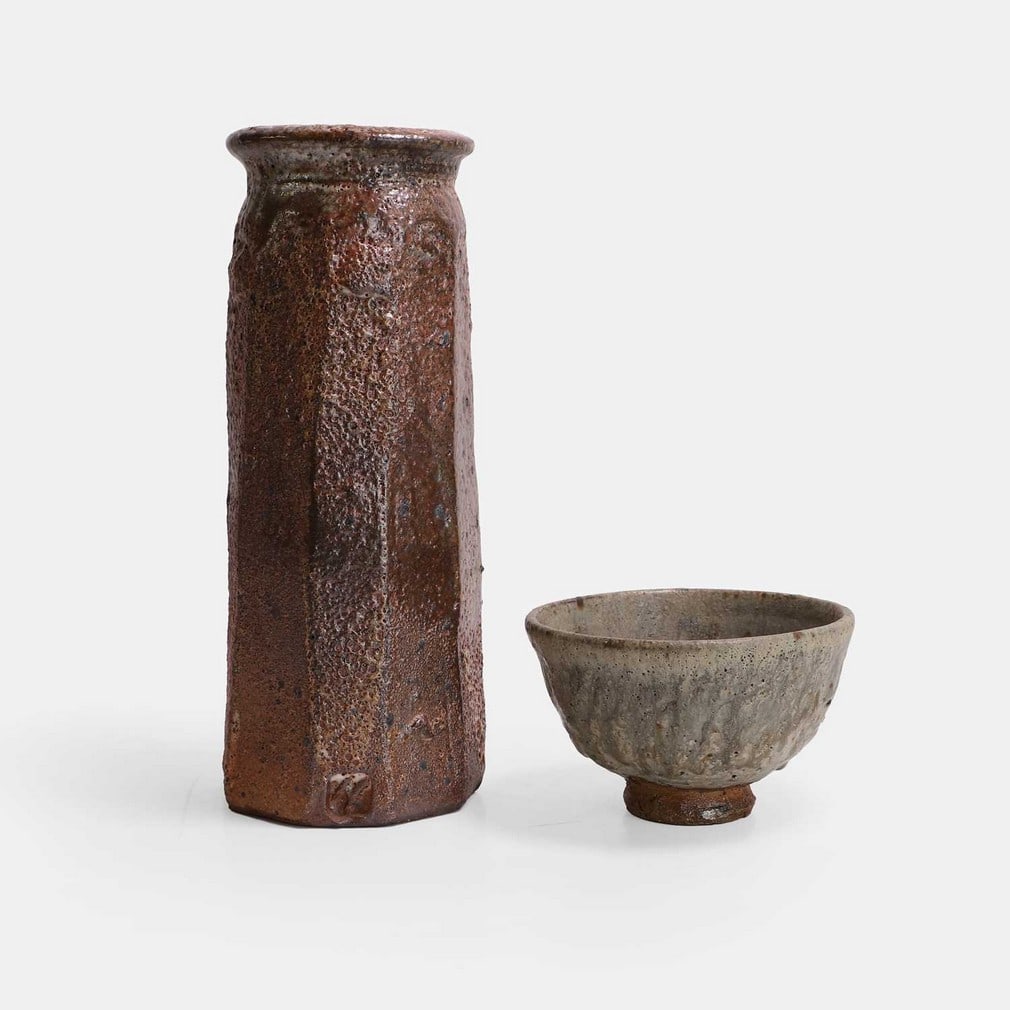 Charles Bound (American, b.1939), a vase and bowl,: Charles Bound (American, b.1939), a vase and bowl, wood-fired stoneware, impressed maker's mark (vase 14cm wide, 14cm deep, 36cm high; bowl 17cm diameter, 10cm high) (2) Provenance: A private collecti