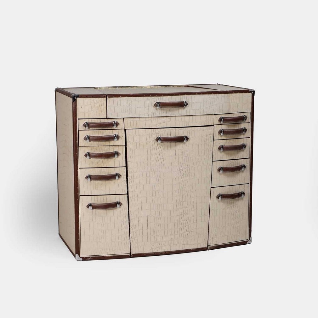Starbay, a 'La Desirade' dressing table and chair,: Starbay, a 'La Desirade' dressing table and chair, of recent manufacture, cherrywood cased in faux crocodile canvas, with chrome and leather handles, with ten drawers, a flap-top with triptych