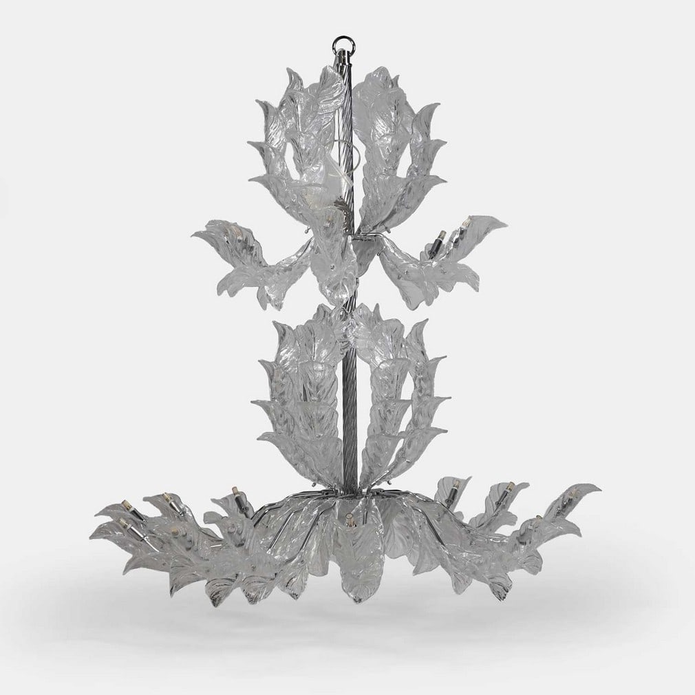 Murano, a 'Fresco' glass chandelier,: Murano, a 'Fresco' glass chandelier, of recent manufacture, of tapering leaf form with a central chrome support (130cm diameter, 135cm high)