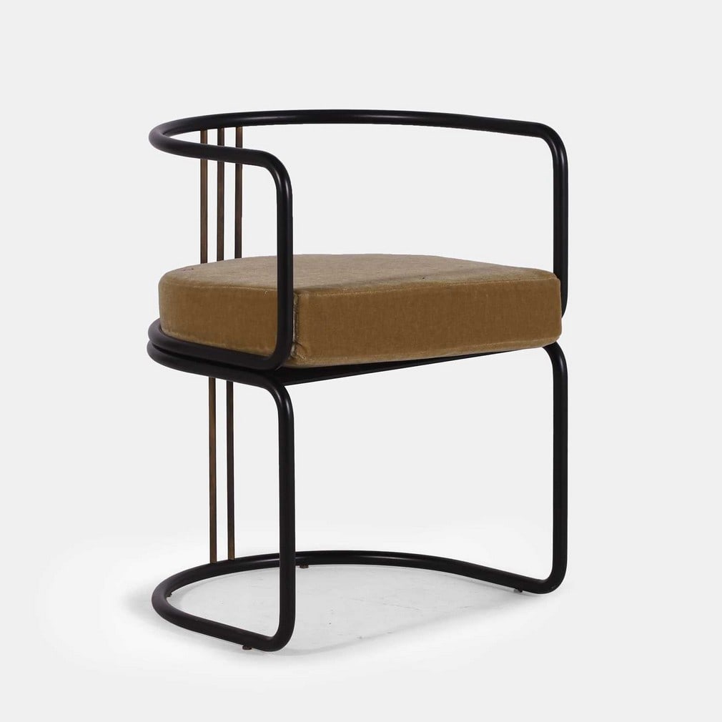 Dimore Milano, a 'Rationalista' chair,: Dimore Milano, a 'Rationalista' chair, designed in 2021, the enamelled steel tubular frame with an olive upholstered seat pad, with applied manufacturer's plaque (50cm wide, 45cm deep, 65cm
