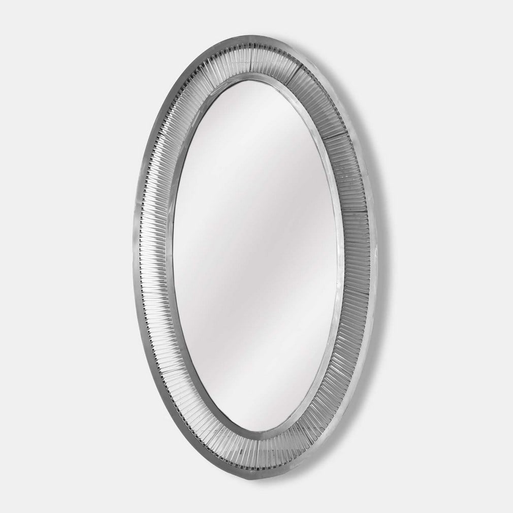 Timothy Oulton (British, 1967-2022), a large floor mirror,: Timothy Oulton (British, 1967-2022), a large floor mirror, of recent manufacture, iron and glass, of oval form, with an optical-grade glass light-up border (134cm wide, 15cm deep, 242cm high)