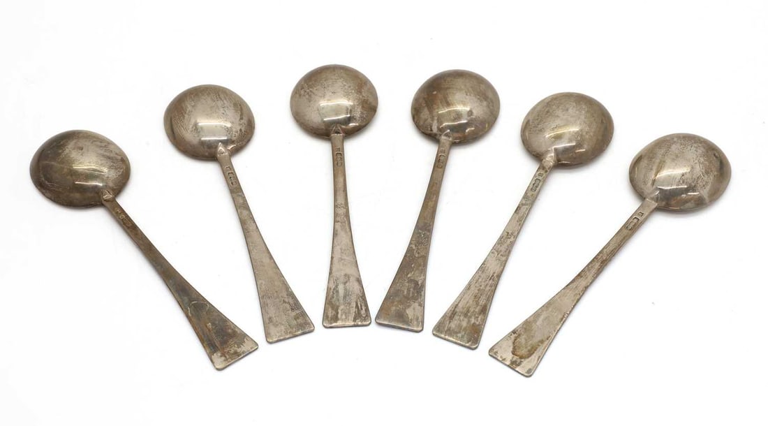 A cased set of six silver soup spoons, - 2