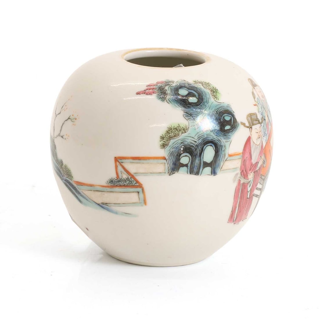 A Chinese famille rose water pot,: A Chinese famille rose water pot, of ovoid form, painted with figures playing a game in an outdoor setting 8.5cm diameter