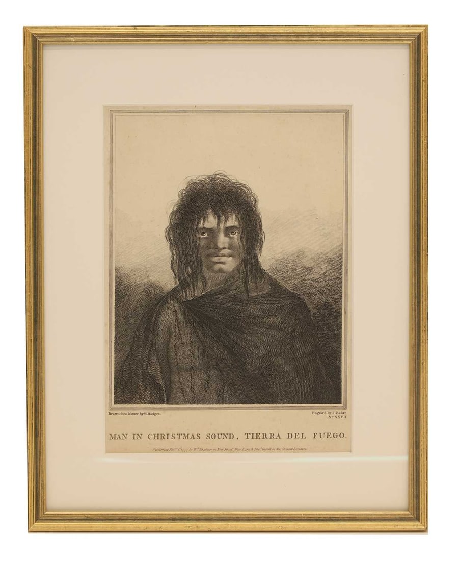 James Basire the Elder (1730-1802) after William Hodges RA: James Basire the Elder (1730-1802) after William Hodges RA Man in Christmas Sound, Tierra Del Fuego copper engraving published by William Strahan, London, 1777 27 x 19cm, framed, 39.6 x 31.5cm