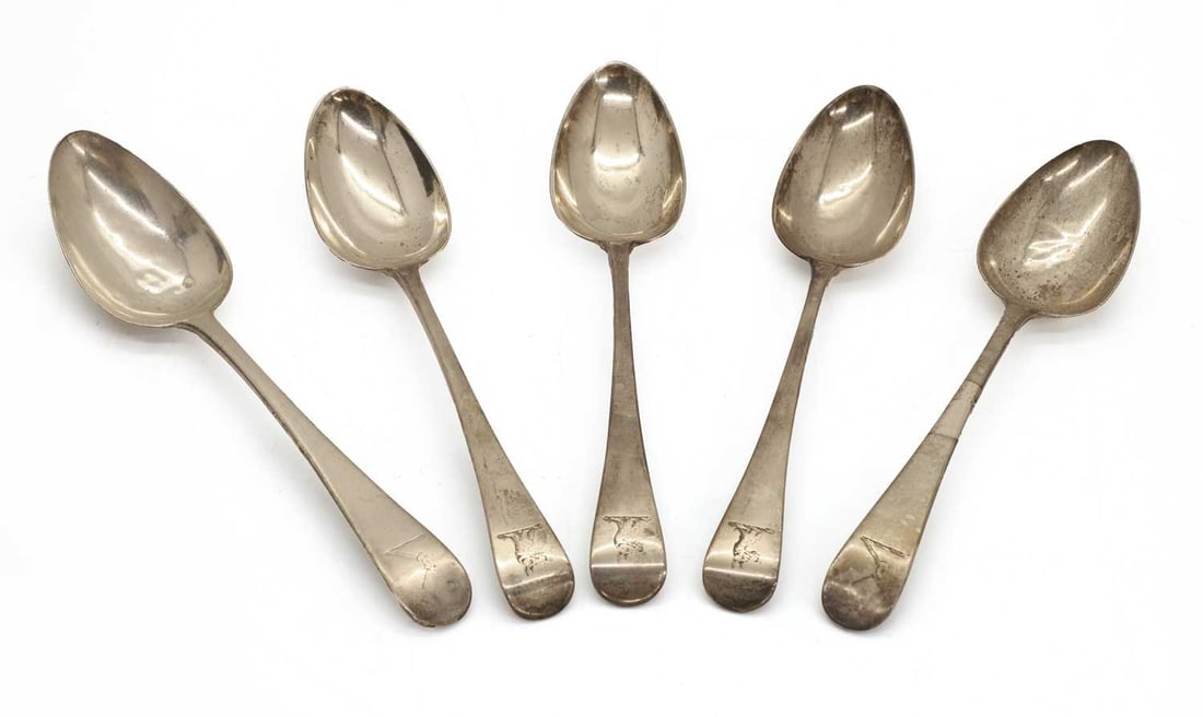 A set of five George III silver tablespoons,: A set of five George III silver tablespoons, two by Thomas Northcote and dated London 1792, and the remaining three by Richard Crossley and dated London 1793 The largets 22cm long, 8.3ozt 5