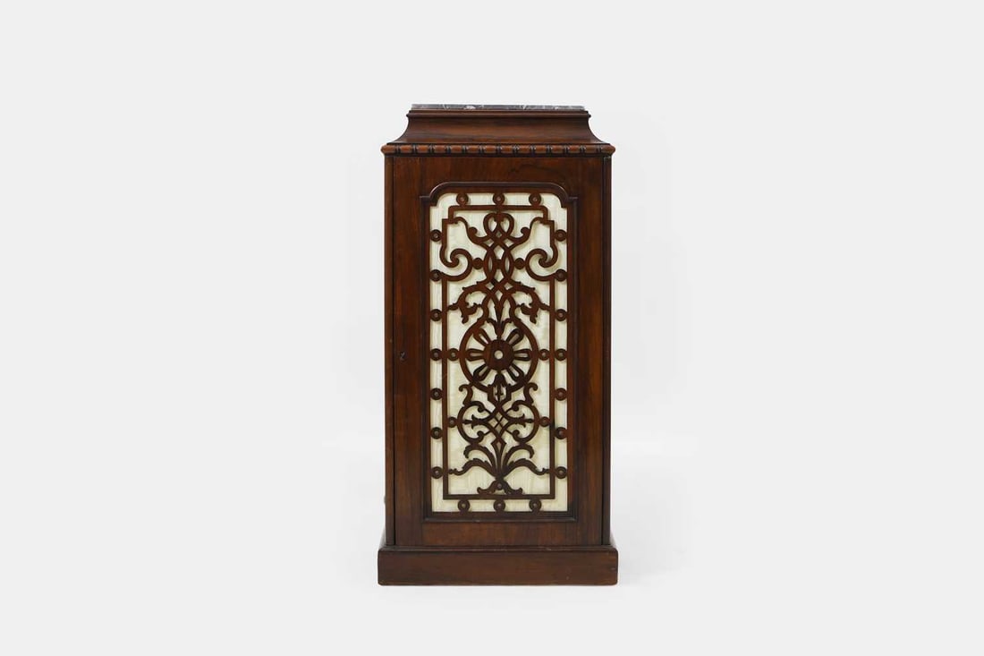 A Victorian marble-topped rosewood cabinet, late 19th century,: A Victorian marble-topped rosewood cabinet, late 19th century, the silk-lined fretwork door enclosing a shelved interior, surmounted by a square marble top, raised on a spreading base 49cm wide, 33cm 