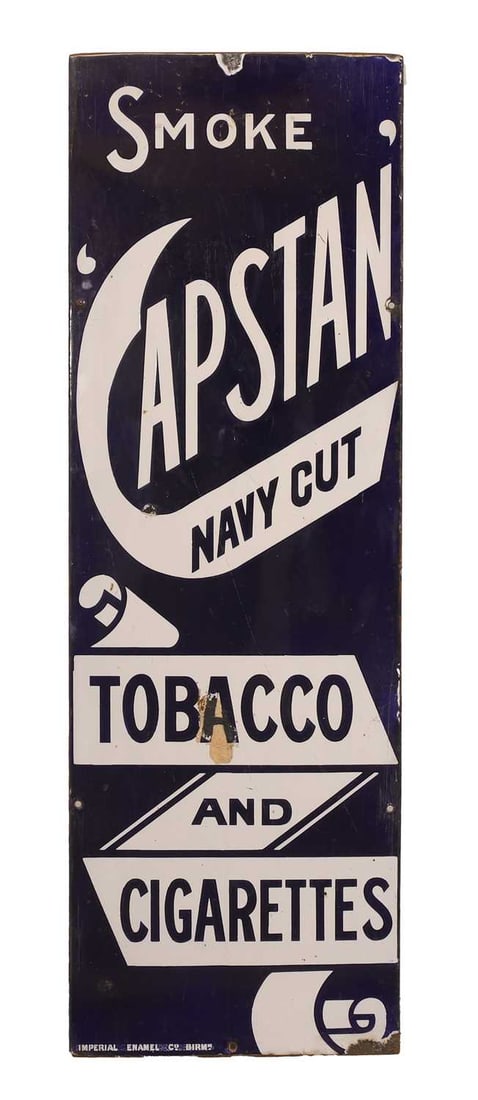 A Capstan 'navy cut' Tobacco and Cigarettes enamel sign, early 20th century,: A Capstan 'navy cut' Tobacco and Cigarettes enamel sign, early 20th century, the navy blue ground behind stylised and bright white lettering, signed to the bottom left 'Imperial Enamel Co Birmingam'
