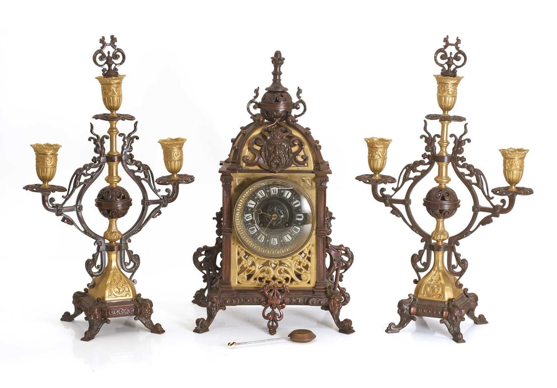 A French gilt metal and bronze clock garniture, 20th century, (1 of 2)