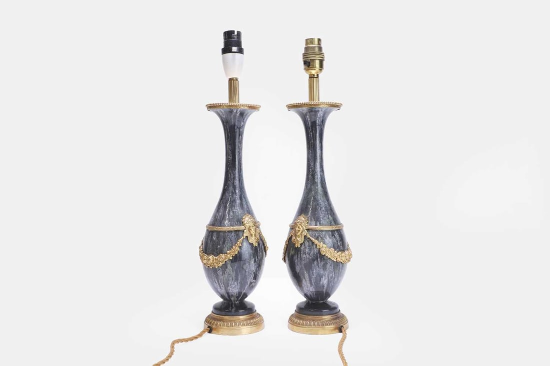 A pair of Louis XVI-style ceramic and gilt-metal-mounted table lamps, 20th century, - 2
