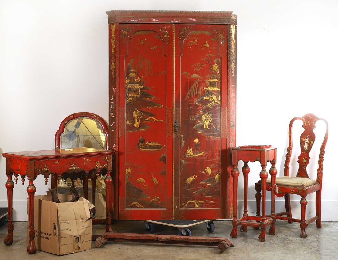 A japanned red chinoserie suite, 20th century, (1 of 4)