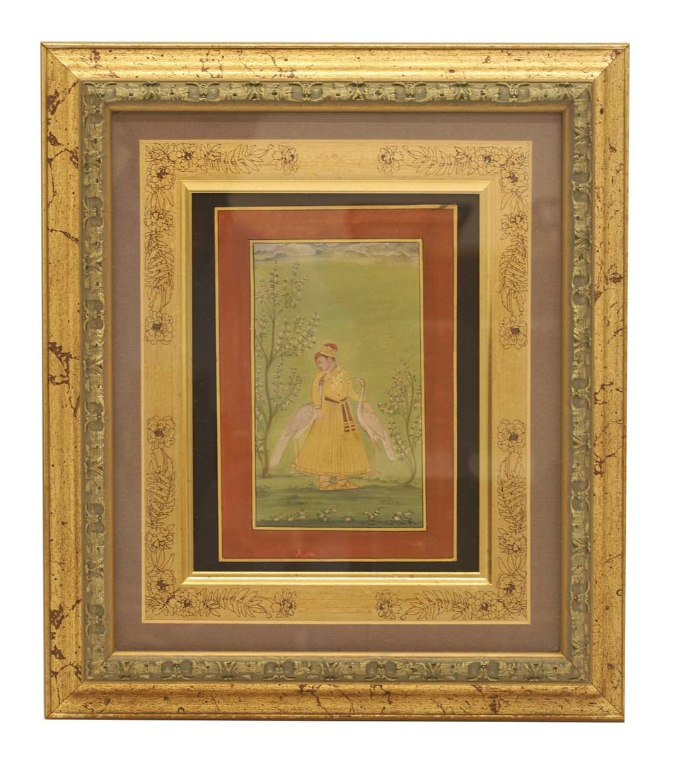 An Indian painting of a nobleman, 20th century, Northern India,: An Indian painting of a nobleman, 20th century, Northern India, painted in a yellow jama tied with a brown sash, shown with two peacocks nestled beneath his left and right arms, set against a verdant