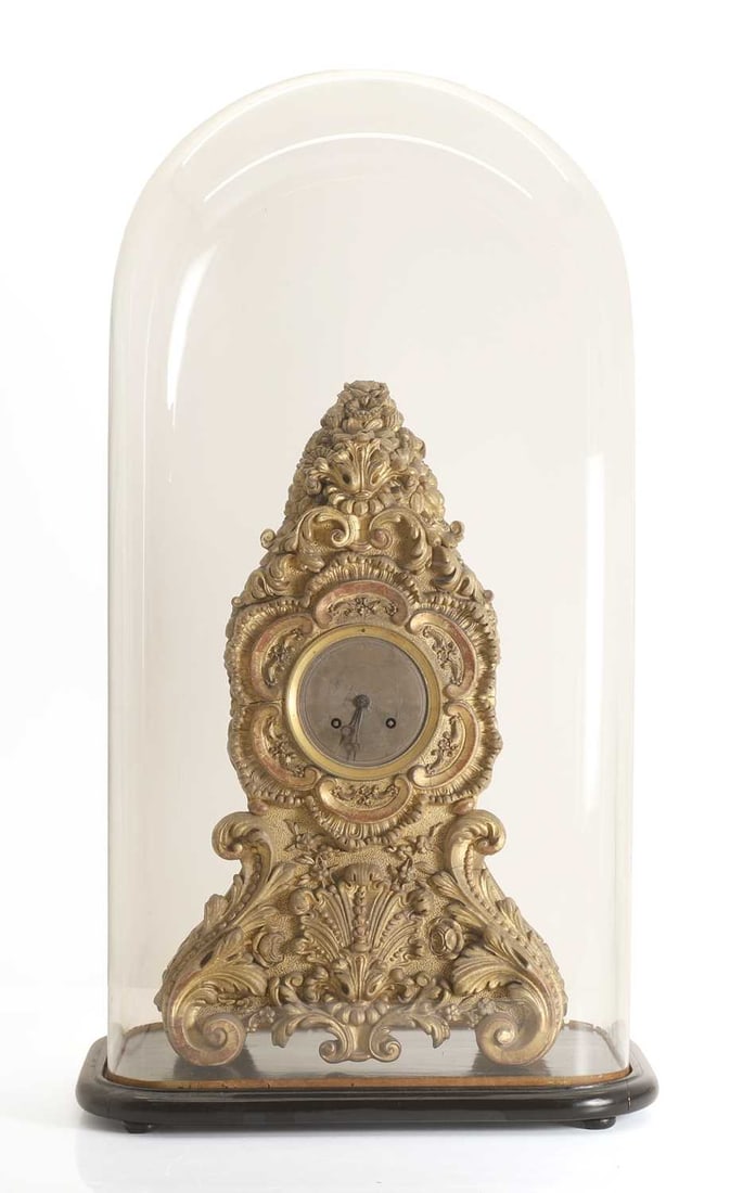 A large glass dome, stand, and a gilt mantle clock, late 19th century, (1 of 2)