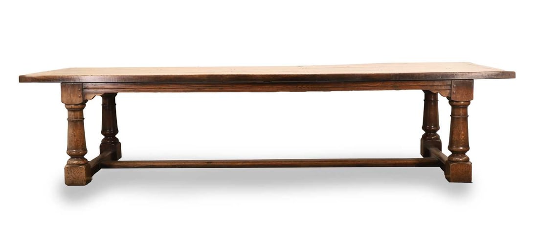 A large three plank oak dining table, 20th century, (1 of 2)