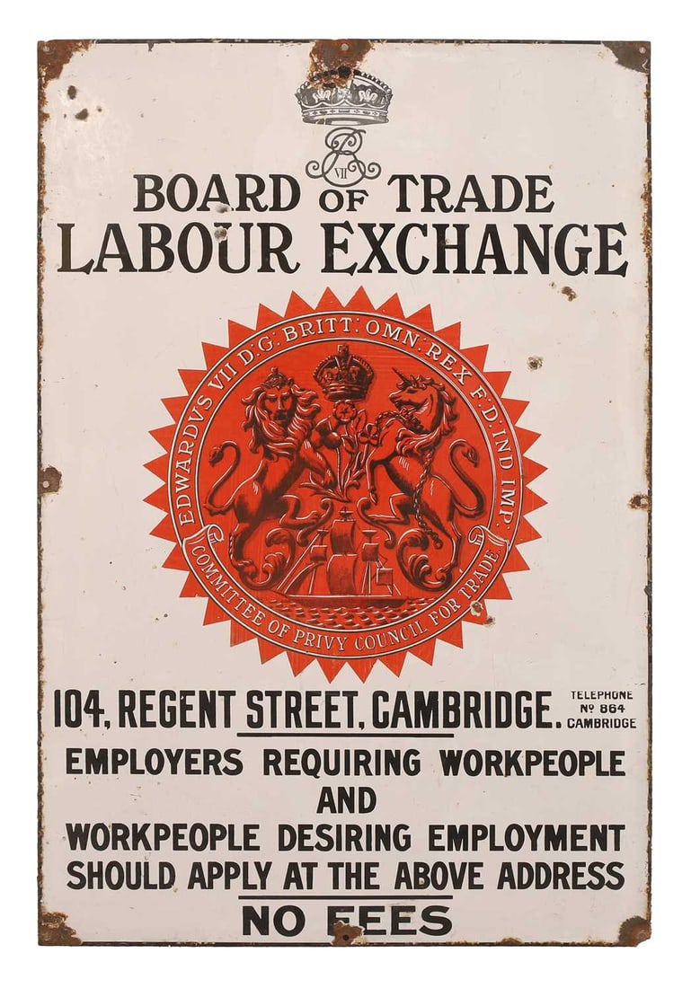 An enamel Board of Trade Labour Exchange sign, early 20th century,: An enamel Board of Trade Labour Exchange sign, early 20th century, the white ground with black lettering and a central red medallion 61cm wide, 91.5cm high Condition Report: Losses present, mostly