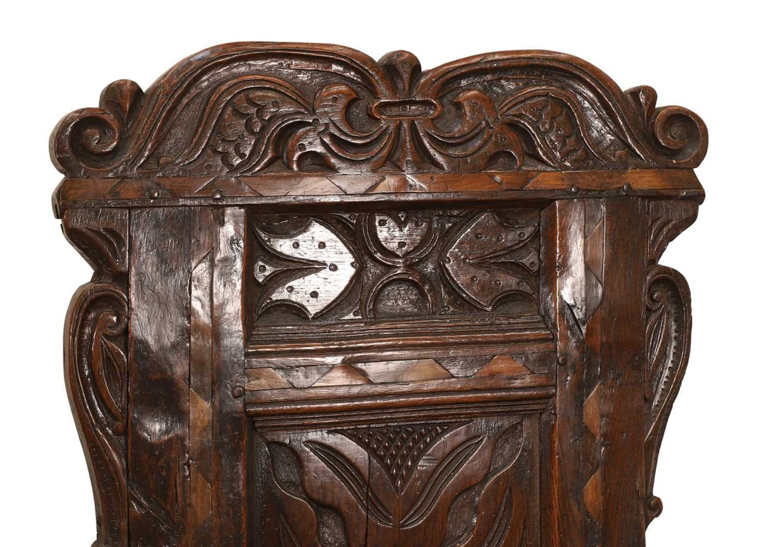 An oak and inlaid Wainscot chair, 17th century and later, - 2