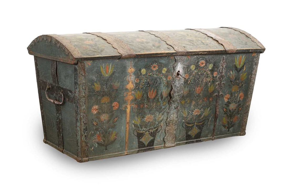 A painted marriage chest, dated 1830, probably Scandinavian, (1 of 8)