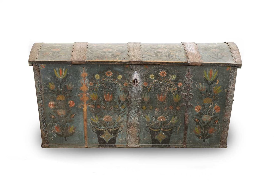 A painted marriage chest, dated 1830, probably Scandinavian, - 2