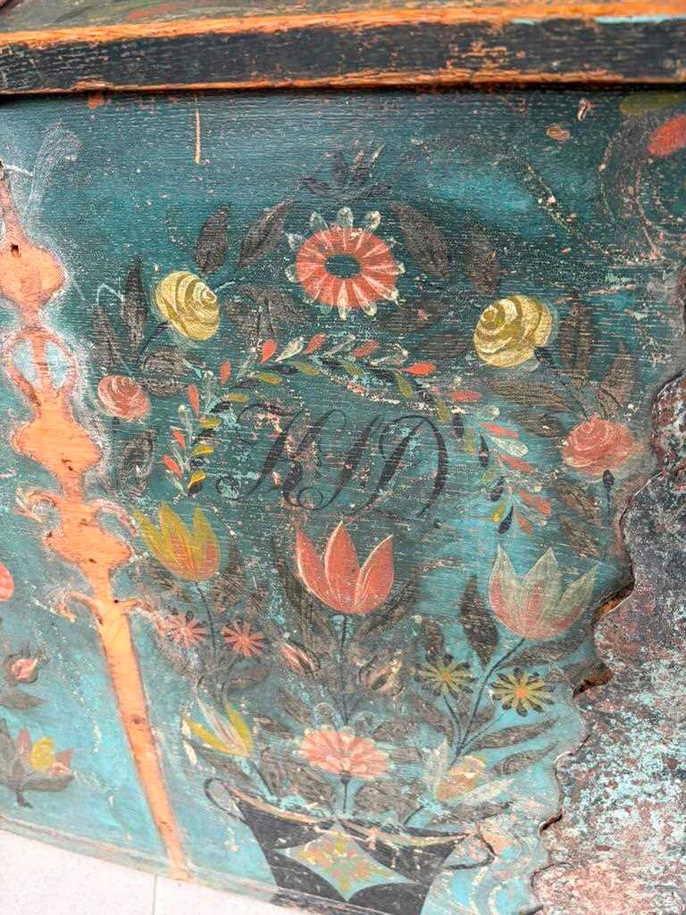 A painted marriage chest, dated 1830, probably Scandinavian, - 6