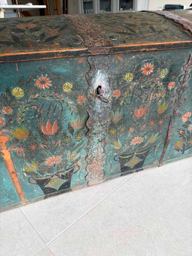 A painted marriage chest, dated 1830, probably Scandinavian, - 8