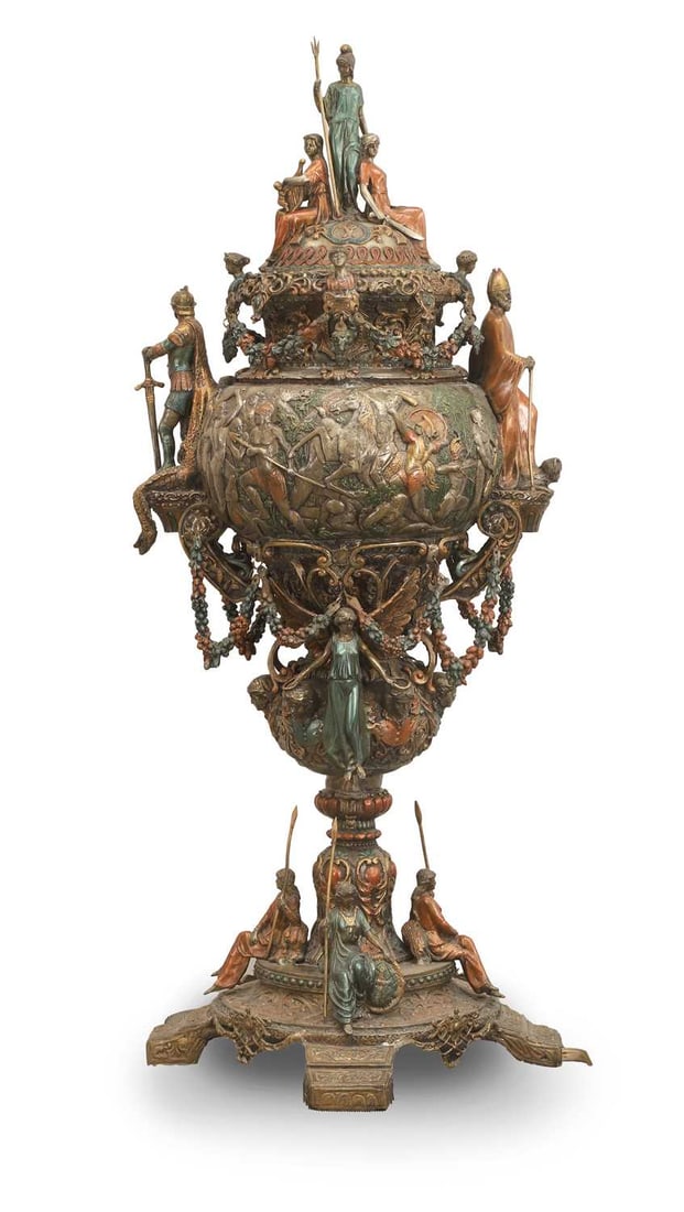 A large cold painted bronze vase and cover, (1 of 2)