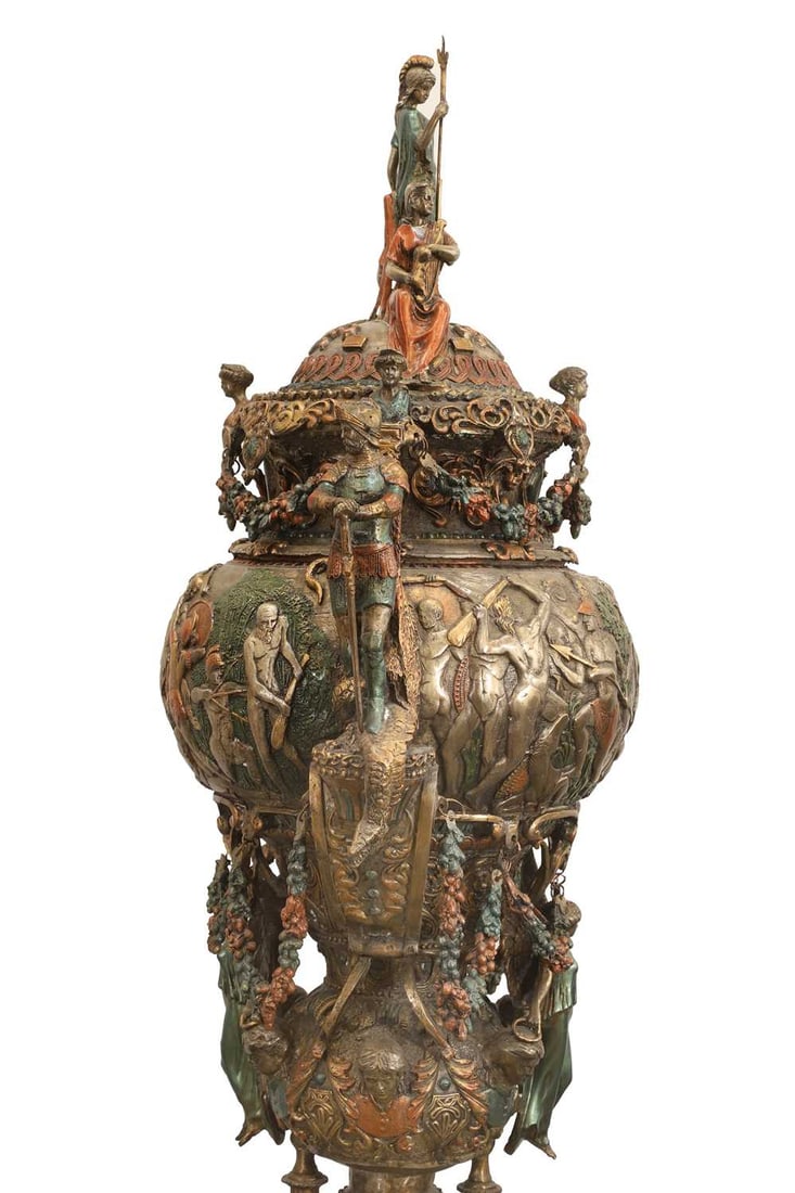 A large cold painted bronze vase and cover, - 2