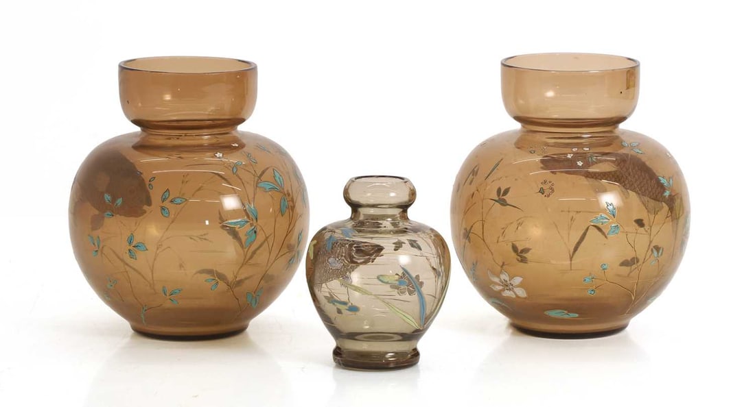 Three coloured glass Moser style vases, - 2