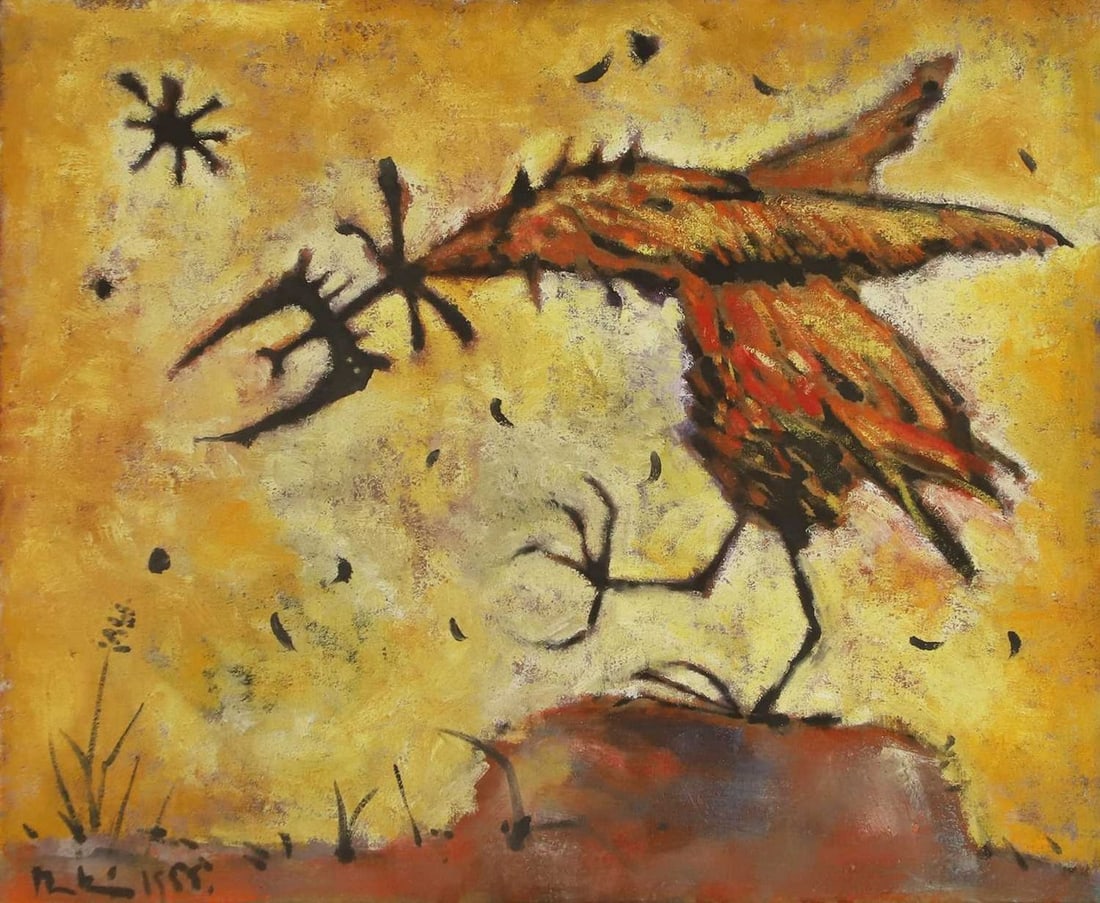 ▲ Martin Bradley (British, 1931-2023) 'Le Coq d'Or': ▲ Martin Bradley (British, 1931-2023) 'Le Coq d'Or' signed and dated '1955' l.l., also signed, inscribed with title and dated with an abstract oil study verso, oil on canvas (63 x 76cm; framed 6