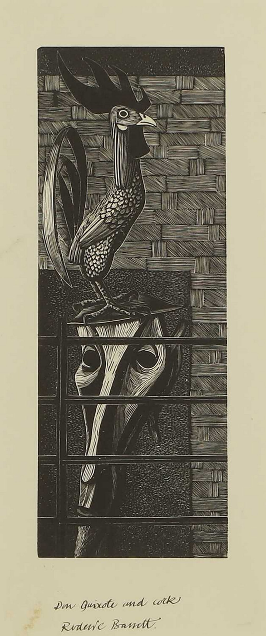 ▲ Roderic Barrett (British, 1920-2000) 'Don Quixote and Cock', 1950: ▲ Roderic Barrett (British, 1920-2000) 'Don Quixote and Cock', 1950 wood engraving, signed 'Roderick Barrett' in pen l.c. and inscribed with title (image 19 x 6.5cm; framed 45 x 30.5cm) Footnote