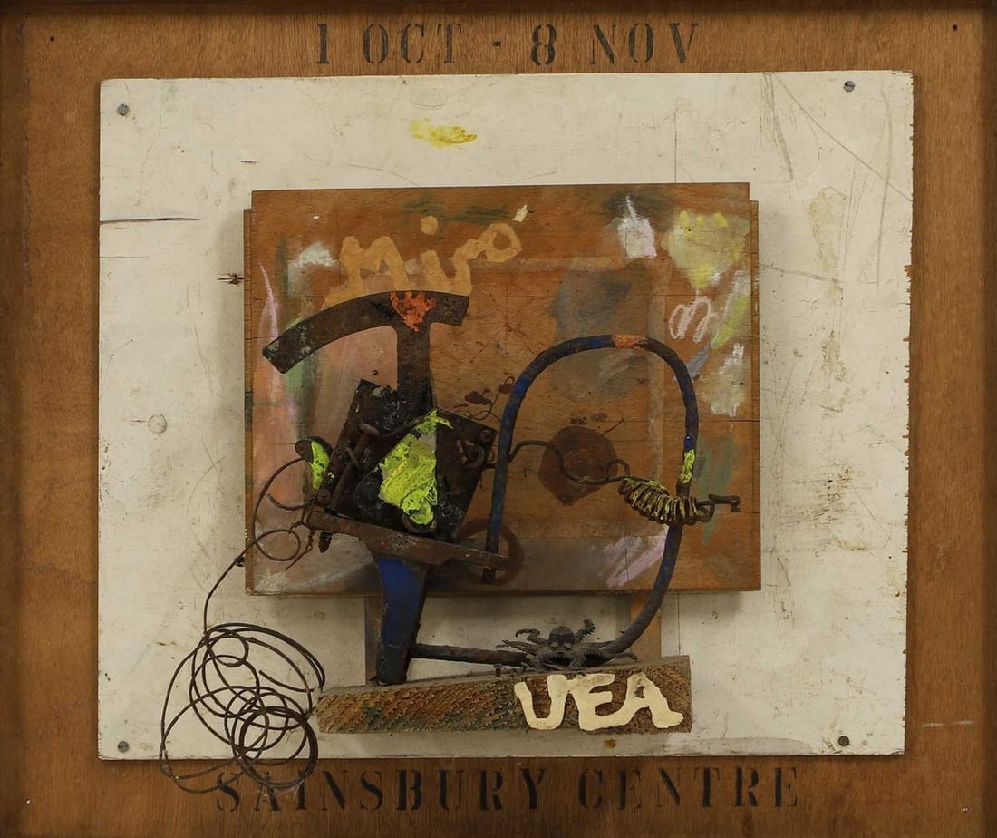 ▲ Dick Lee (British, 1923-2001) Construction for Miro at the University of East Anglia, 1985: ▲ Dick Lee (British, 1923-2001) Construction for Miro at the University of East Anglia, 1985 wood, metal and oil (71cm wide, 19cm deep, 61cm high overall including frame) Footnote: Dick Lee taug