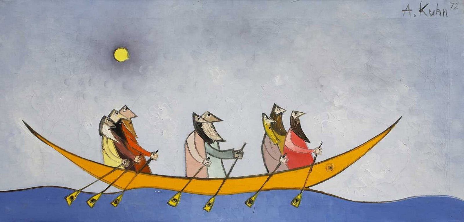 ▲ Andrzej Kuhn (Polish-British, 1929-2014) Eight oarsmen: ▲ Andrzej Kuhn (Polish-British, 1929-2014) Eight oarsmen signed and dated 'A. Kuhn '72' u.r., oil on canvas (42 x 85cm, framed 44 x 87cm) Condition Report: The canvas edge appears to be cut in t