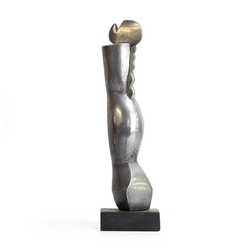 ▲ John Wragg RA (British, 1937-2020) Figure, circa 1965: ▲ John Wragg RA (British, 1937-2020) Figure, circa 1965 aluminium (8cm wide, 10cm deep, 39.5cm high, 44cm high overall on a wooden base) Condition Report: Dust and dirt to crevices with some tar