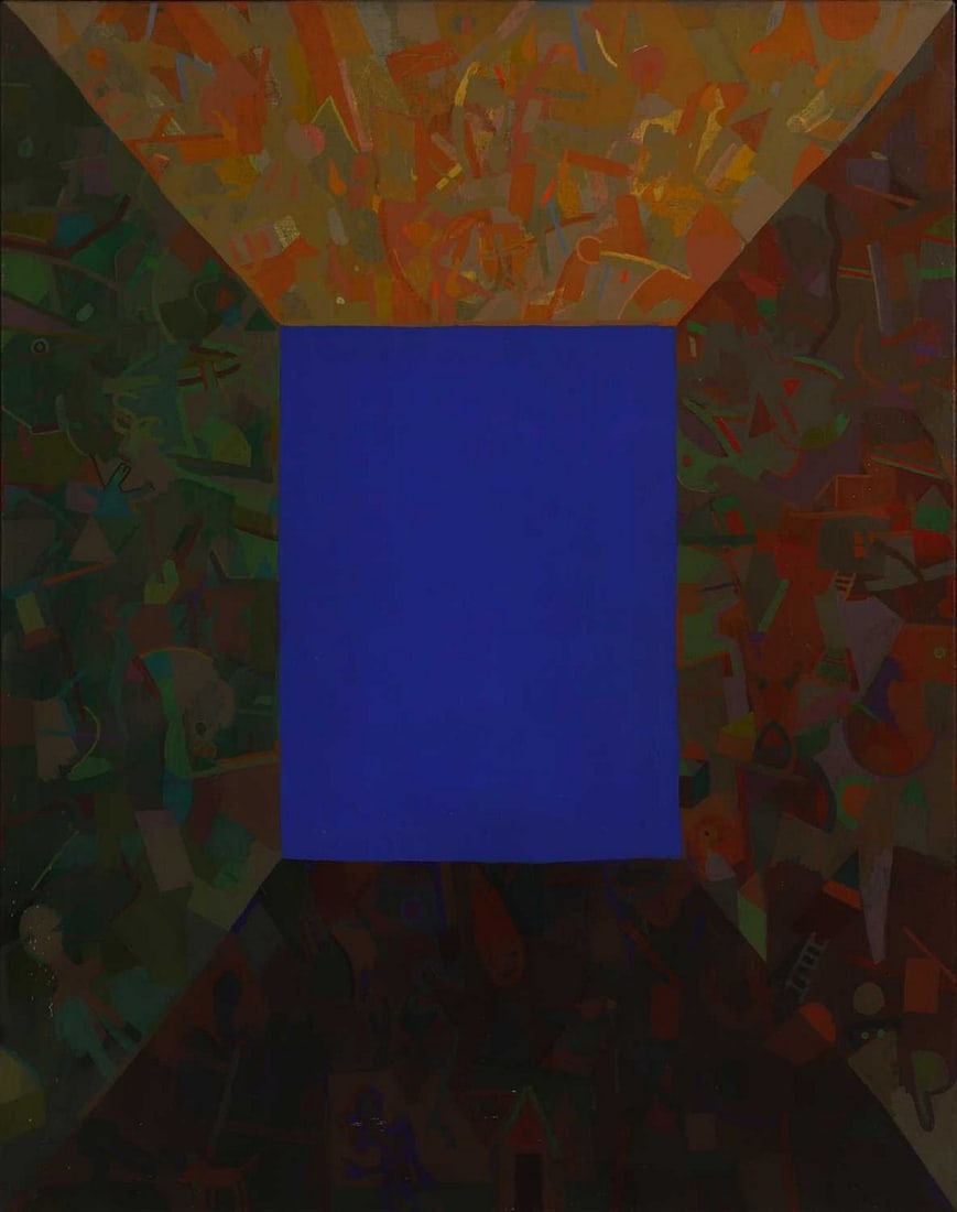 ▲ Peter Schmidt (British, 1931-1980) Blue Rectangle: ▲ Peter Schmidt (British, 1931-1980) Blue Rectangle oil on canvas (127 x 102cm; framed 133 x 107cm) Condition Report: Light surface dirt with some small scattered white speckles to the abstract 