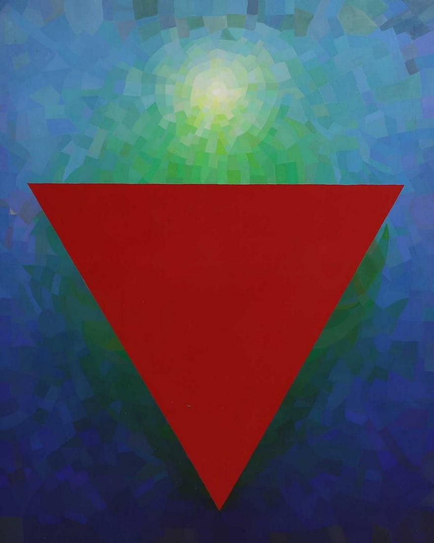 ▲ Peter Schmidt (British, 1931-1980) Red Triangle: ▲ Peter Schmidt (British, 1931-1980) Red Triangle oil on canvas (127 x 102cm; framed 132 x 106.5cm) Condition Report: Canvas tension slightly loose. A few small scattered dark speckles to the to
