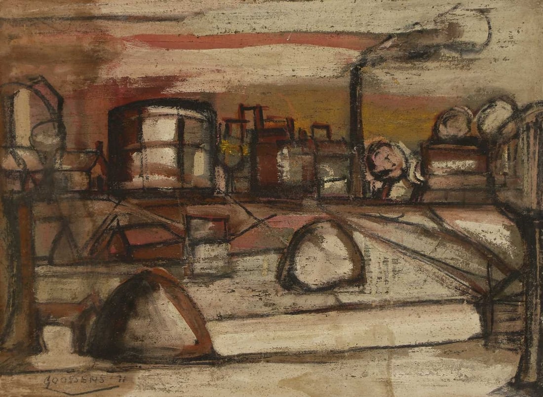 ▲ Anton Goossens (Belgian, 1903-1980) An industrial landscape: ▲ Anton Goossens (Belgian, 1903-1980) An industrial landscape signed and dated 'Goossens '71' l.l., mixed media on board, verso an oil study of a head (89 x 121cm; framed 91 x 121cm) Footnote: G