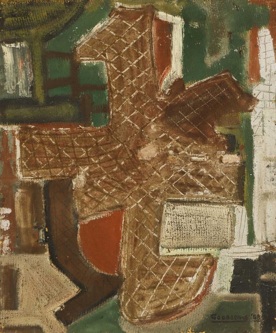 ▲ Anton Goossens (Belgian, 1903-1980) Untitled: ▲ Anton Goossens (Belgian, 1903-1980) Untitled signed and dated 'Goossens '58' l.r., mixed media on board, verso an oil study of a head (122 x 102cm; framed 124 x 104cm) Footnote: Goossens was a