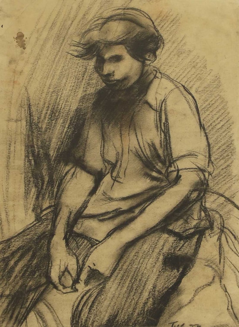 ▲ Joe Tilson RA (British, 1928-2023) Figure study, circa 1950s: ▲ Joe Tilson RA (British, 1928-2023) Figure study, circa 1950s signed 'Tilson' l.r., charcoal and coloured chalk (47 x 34cm; framed 58.5 x 45cm) Condition Report: A little time staining with som
