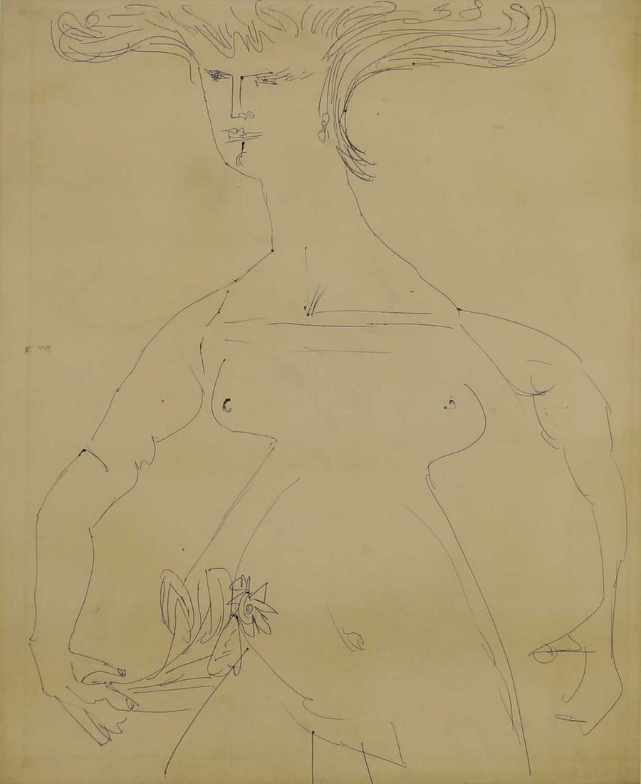 ▲ Robert Colquhoun (British, 1914-1962) Nude with flowers: ▲ Robert Colquhoun (British, 1914-1962) Nude with flowers pen and blue ink (49 x 40cm; framed 75 x 64cm) Provenance: The previous owner of this work acquired it directly from the artist. Footnot