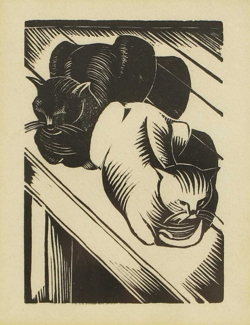 ▲ John Nash RA (British, 1893-1977) 'Tibby and Patch', 1919: ▲ John Nash RA (British, 1893-1977) 'Tibby and Patch', 1919 wood engraving, with estate stamp verso (image 9 x 6cm; framed 22 x 18cm) Provenance: Colonel Richard Bray; The John Nash Estate. Foot