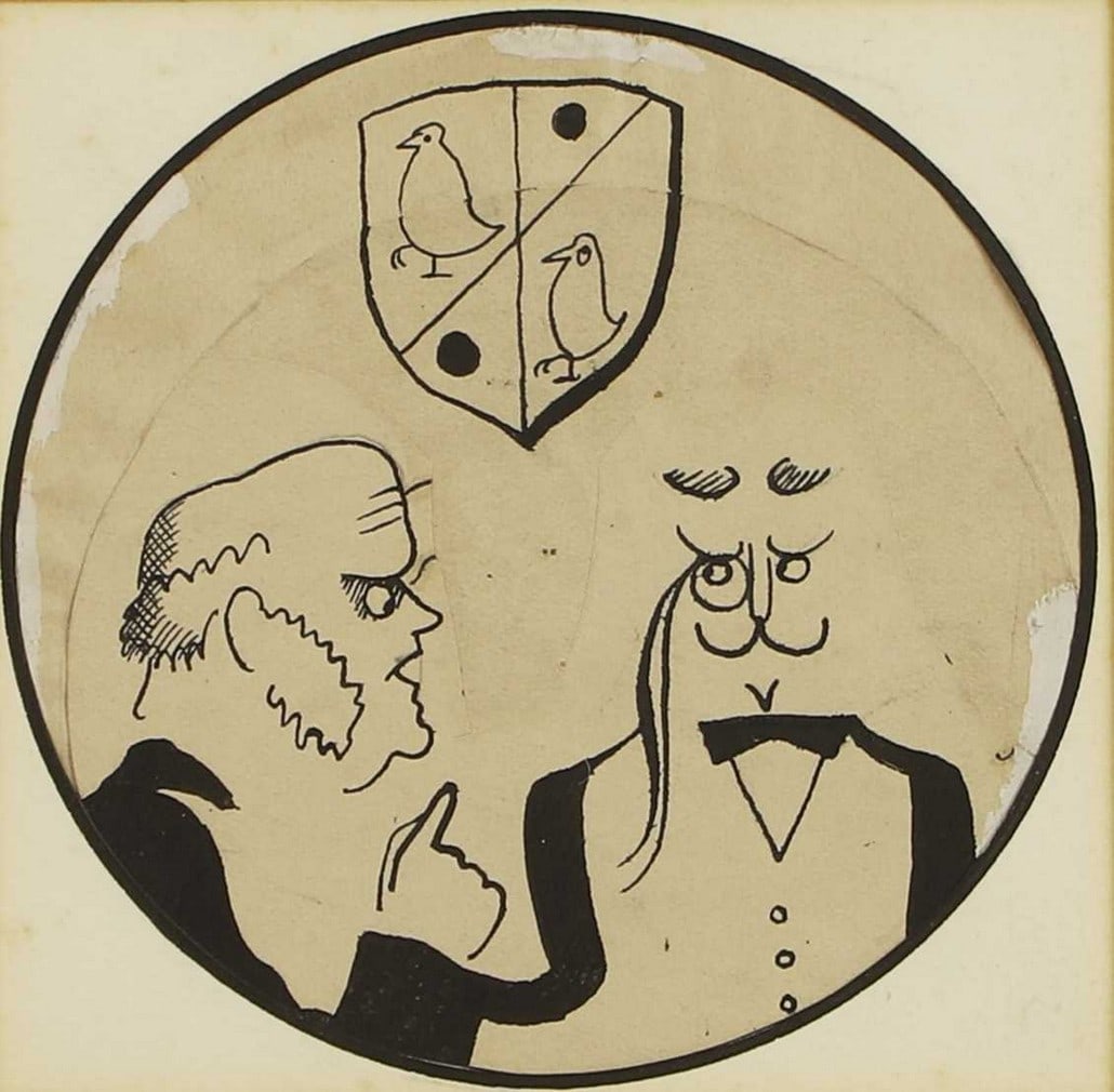 ▲ John Nash RA (British, 1893-1977) 'The Two Sires', from St George and the Dragon: ▲ John Nash RA (British, 1893-1977) 'The Two Sires', from St George and the Dragon pen and ink and gouache, with estate stamp verso (9.5 x 9.5cm; framed 25.5 x 24cm) Provenance: The John Nash Es