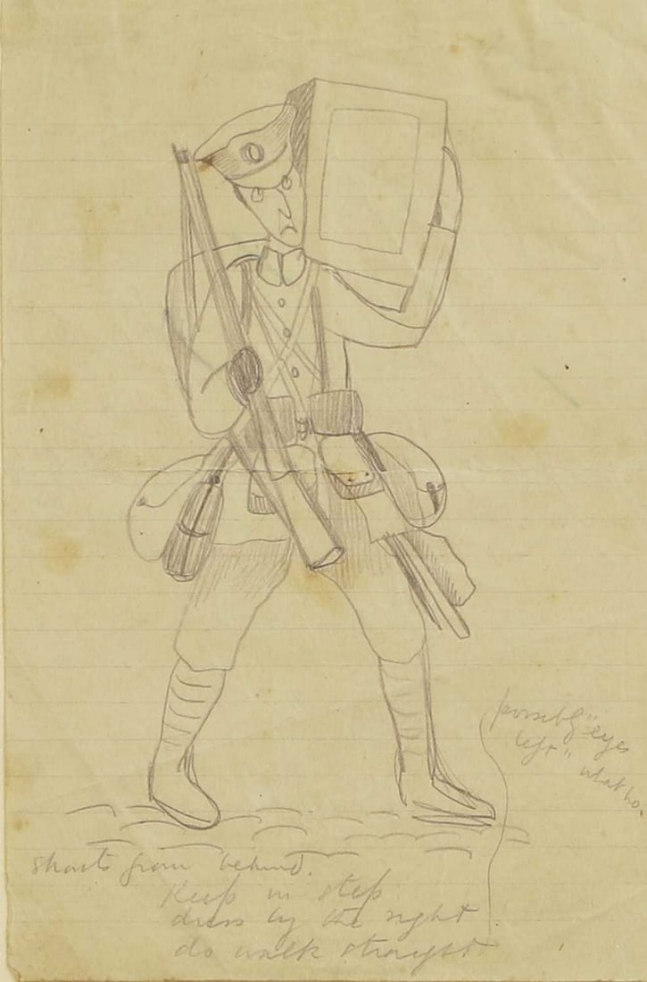 ▲ John Nash RA (British, 1893-1977) 'First World War Soldier (Eyes Left/ Keep in Step)': ▲ John Nash RA (British, 1893-1977) 'First World War Soldier (Eyes Left/ Keep in Step)' pencil with annotations, with estate stamp verso (20 x 12.5cm; framed 39 x 31.5cm) Provenance: The John Na