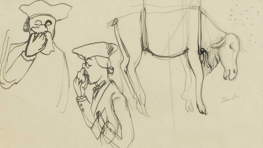 ▲ John Nash RA (British, 1893-1977) 'The Dead Moose', 1951: ▲ John Nash RA (British, 1893-1977) 'The Dead Moose', 1951 pencil, pen and ink, with estate stamp verso (9.5 x 17cm; framed 26.5 x 32.5cm) Provenance: The John Nash Estate. Footnote: A prelimina