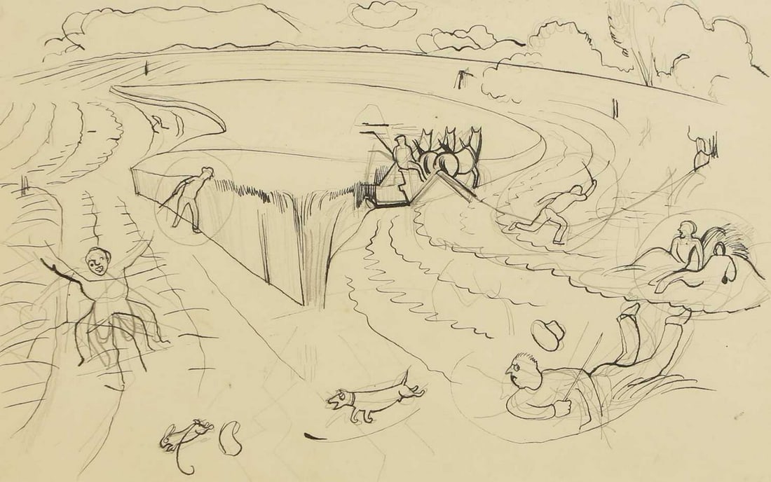 ▲ John Nash RA (British, 1893-1977) Harvesting, 1939: ▲ John Nash RA (British, 1893-1977) Harvesting, 1939 pencil, pen and ink, with estate stamp verso (19.5 x 29.5cm; framed 38 x 48cm) Provenance: The John Nash Estate. Footnote: An illustration fo