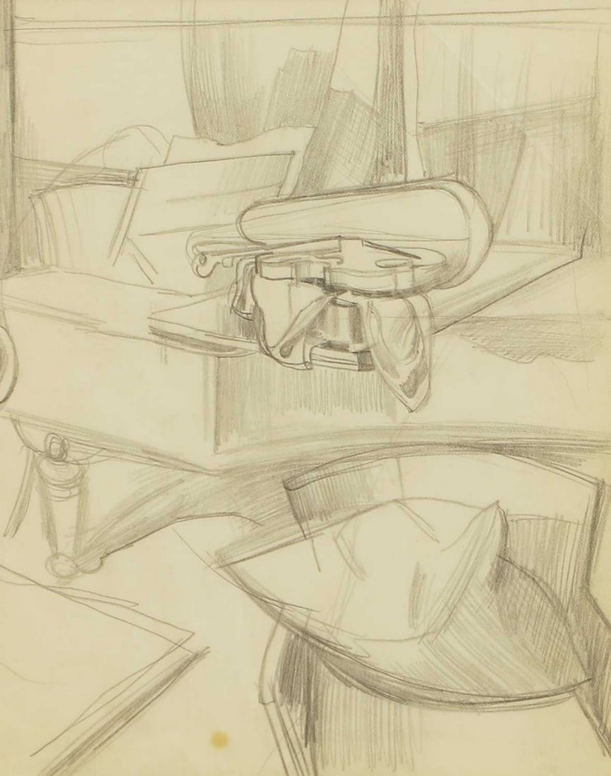 ▲ John Nash RA (British, 1893-1977) A violin case on a grand piano, 1920s: ▲ John Nash RA (British, 1893-1977) A violin case on a grand piano, 1920s pencil, with estate stamp verso (23 x 18cm; framed 42.5 x 37.5cm) Provenance: The John Nash Estate. Condition Report: Sl